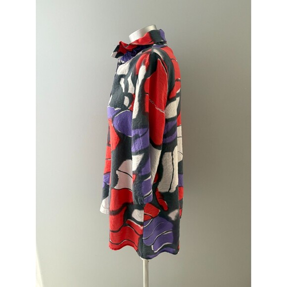 Yushi Tunic Top Size S Red Gray Lagenlook Flowy Artsy Wire Collar Lightweight - Picture 6 of 16